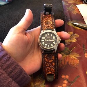 Groovy hand-tooled leather watchband Citizen watch